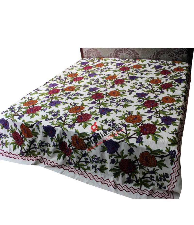 Kashmiri Crewel Hand Embroidered White Bed Cover