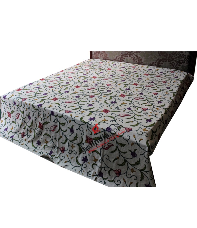 Kashmiri Crewel Hand Embroidered Off White Multi Color Bed Cover