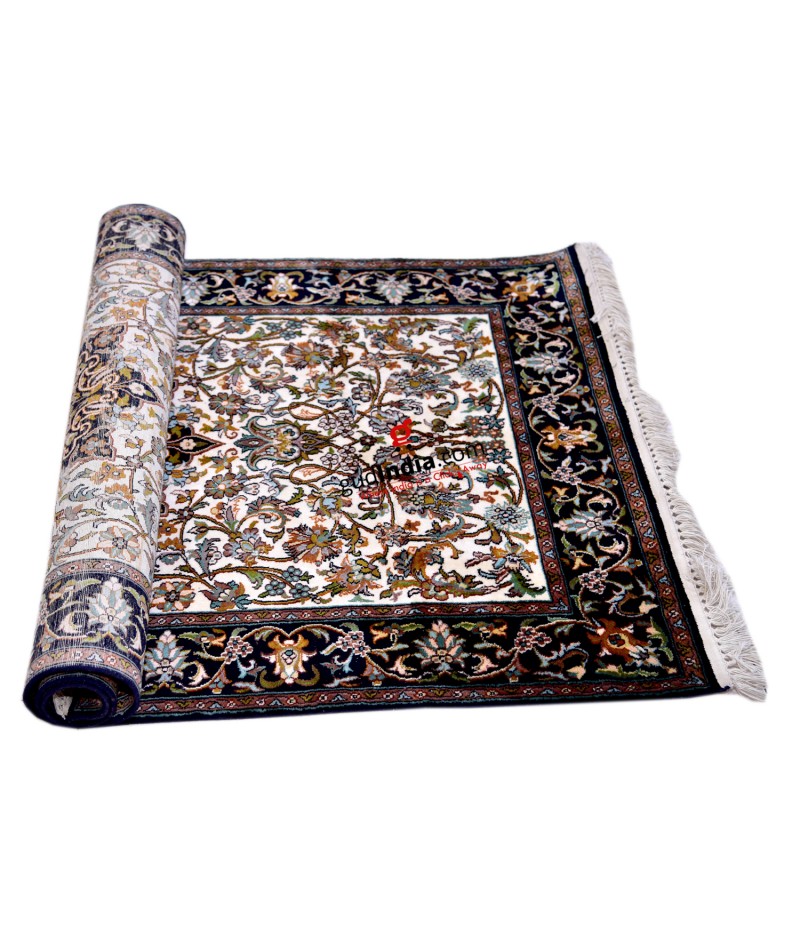 Black and Off white Kashmiri Silk Carpet Hand Knotted Rug